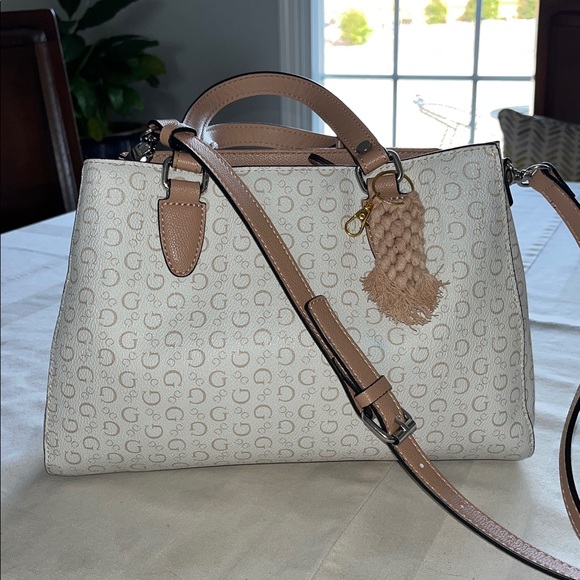 GUESS Cream and Tan Logo Satchel with Removable Strap - Picture 2 of 10